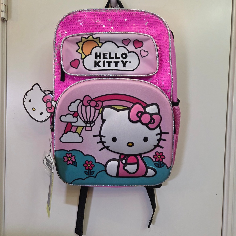 Hello Kitty 17" Backpack Pink Sequin Padded Laptop Sleeve Water Resistant NEW